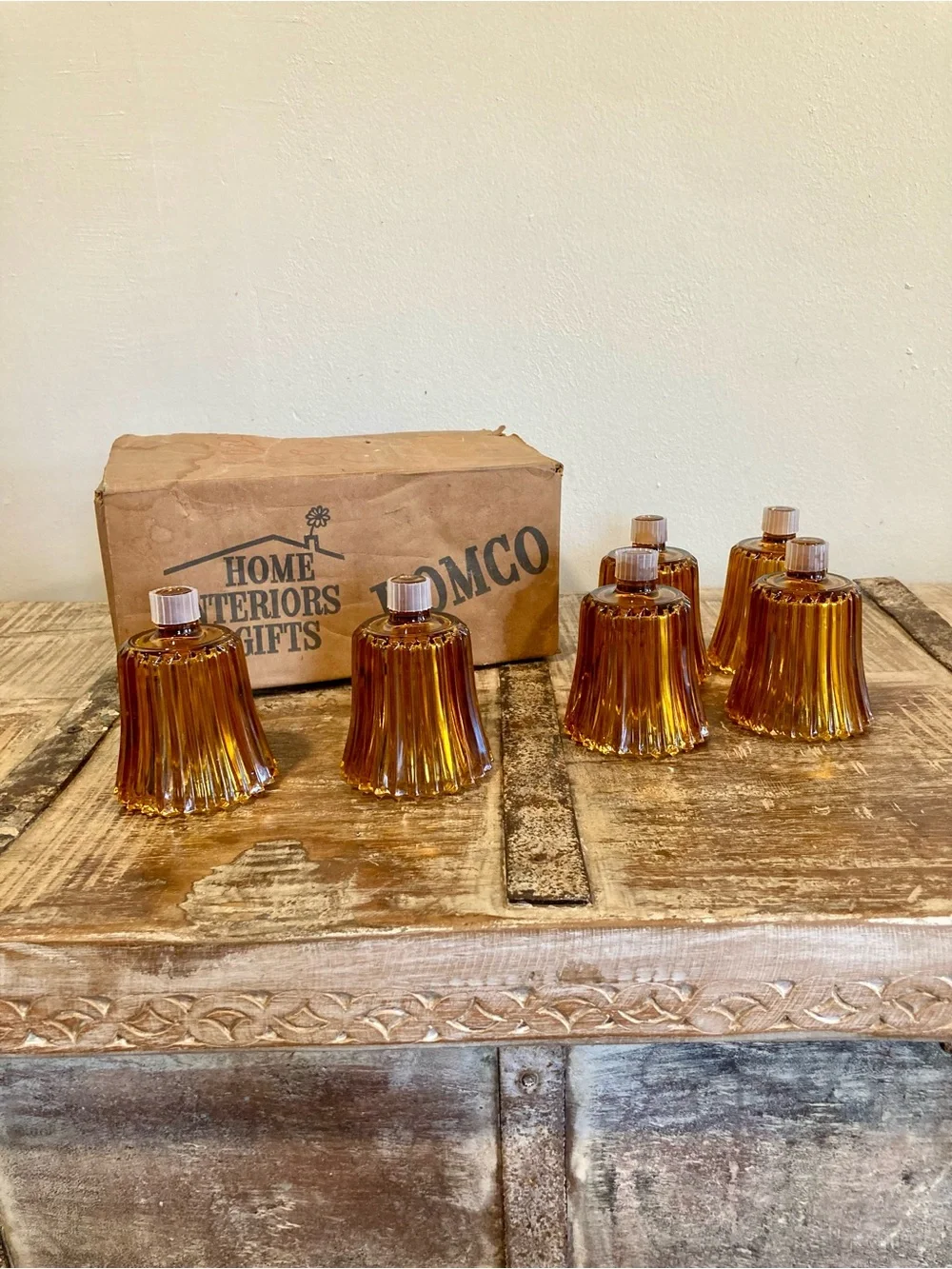 6 Vintage Homco Flic-A-Lite Amber Ribbed Cut Pegged Votive Candle Holders
